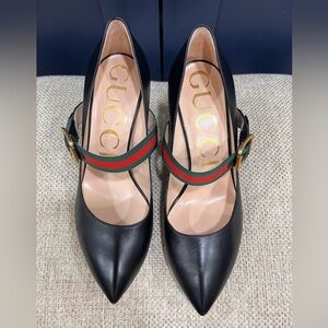 Gucci Black Leather Heels with Red and Green Stripe
